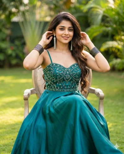 Teal Gown Prompt: Beautiful Woman in Garden Portrait