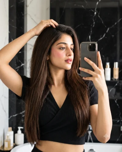 Candid Woman Mirror Selfie Prompt in Luxury Room