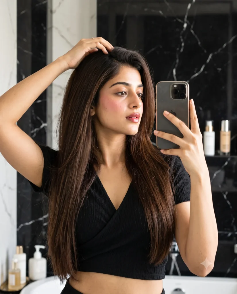 Candid Woman Mirror Selfie Prompt in Luxury Room