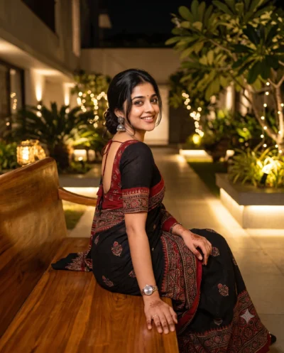 Courtyard Night Portrait Black Saree AI Prompt