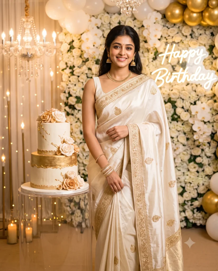 Elegant Woman Saree Birthday Photo Prompt