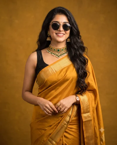 Stylish Woman Portrait: Yellow Saree Prompt