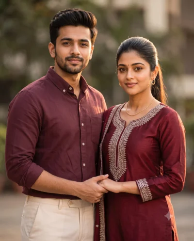 Engagement Couple Prompt in Maroon Ethnic Wear