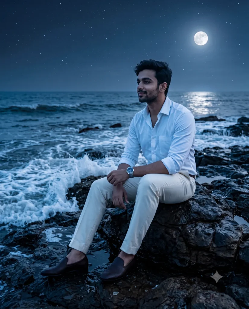 Handsome Man Coastal Rocks Moonlight Prompt