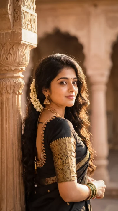 AI-generated image: Heritage Palace Portrait: Gemini Black Saree Prompt