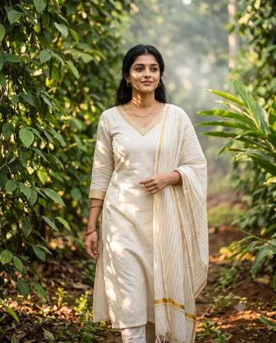 Kasavu Churidar Portrait Prompt in Spice Plantation