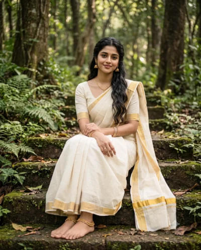 Kerala Kasavu Saree Portrait Prompt in Lush Forest