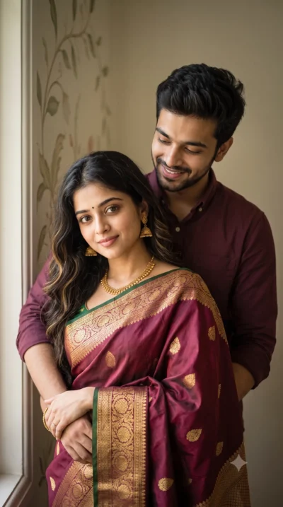 AI-generated image: Maroon Saree Couple Portrait Prompt for Cinematic Photos