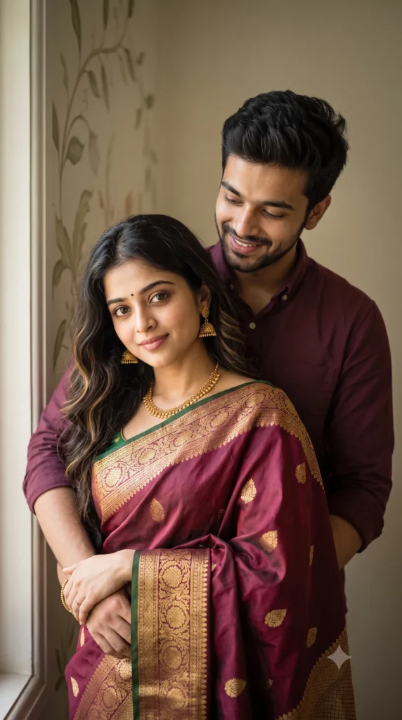 Maroon Saree Couple Portrait Prompt for Cinematic Photos