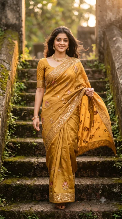 Mustard Gold Saree Prompt for Stone Step Portrait