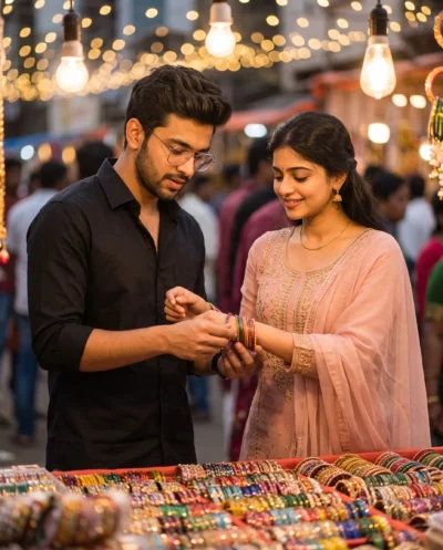 Festive Couple Portrait Prompt: Twilight Market Scene