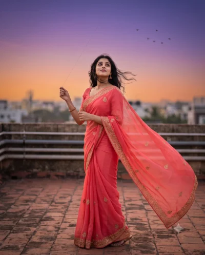 Woman Flying Kite Coral Pink Saree Portrait Prompt