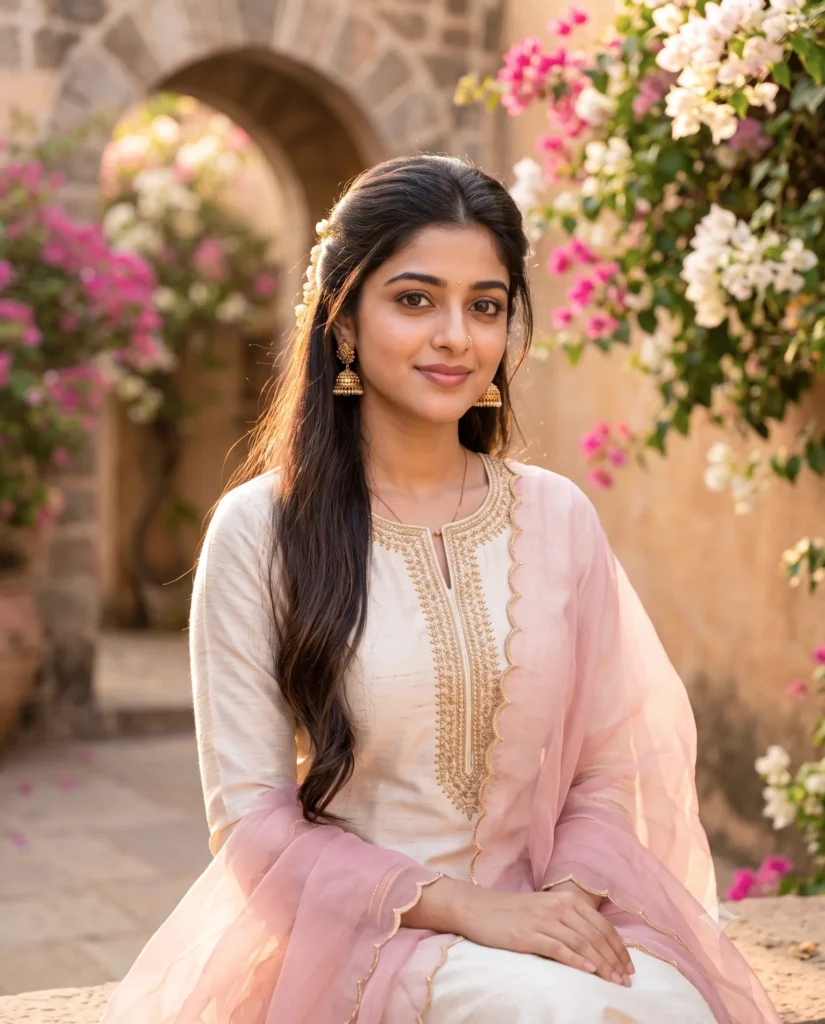 South Asian Woman Ivory Kurti Prompt Portrait