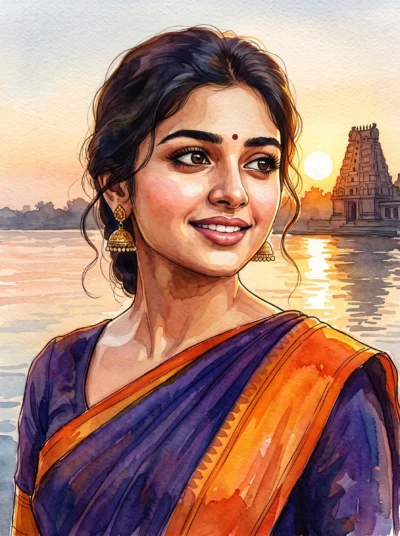 Watercolor Saree Portrait Prompt for South Asian Woman