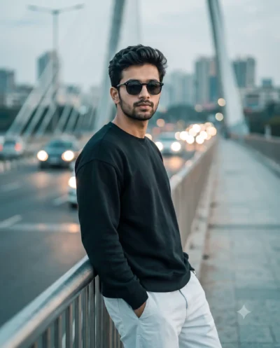 Stylish Man Urban Bridge Prompt for Dusk Portrait