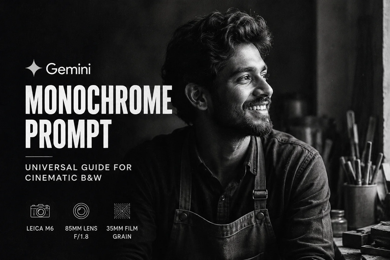 Gemini monochrome prompt example output showing high contrast black and white photograph.
