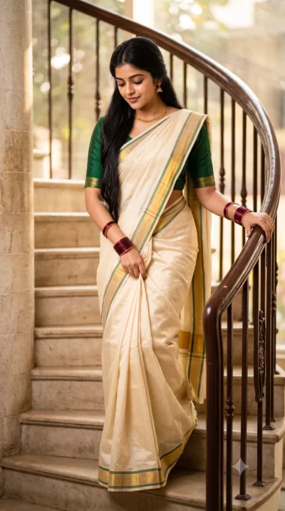 Woman Cream Saree Portrait Prompt on Spiral Staircase
