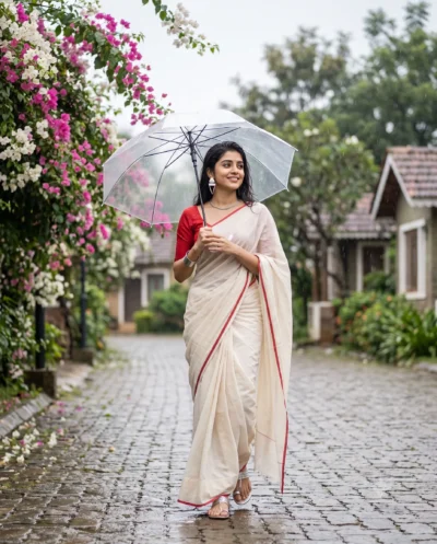 Elegant Monsoon Portrait White Saree AI Prompt