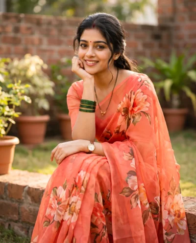 Coral Saree Portrait Prompt for Garden Settings
