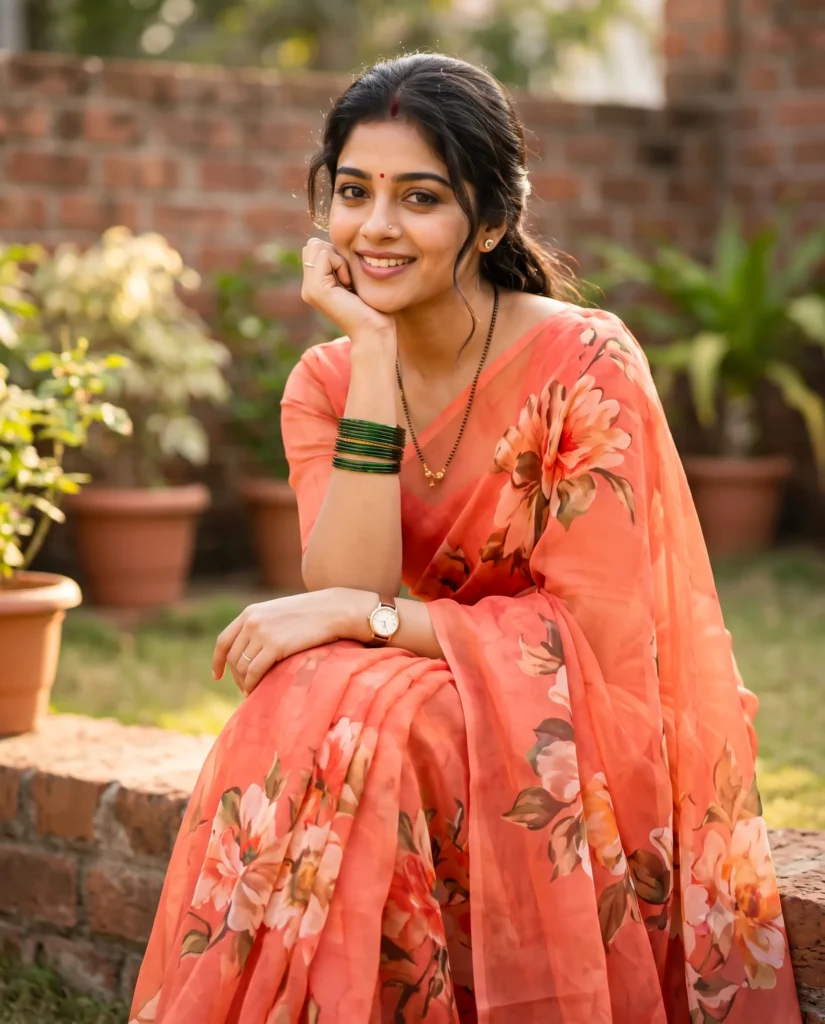 Coral Saree Portrait Prompt for Garden Settings