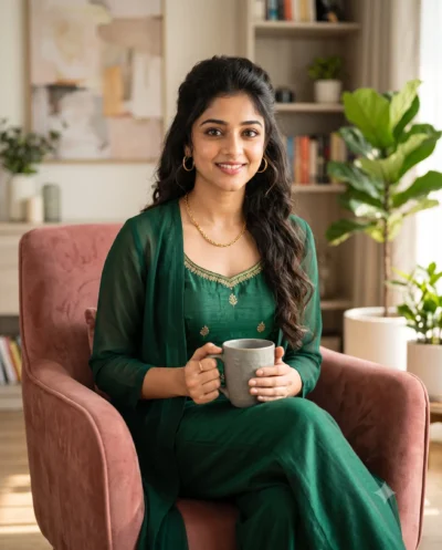 AI-generated image: Emerald Green Outfit Prompt: Warm Editorial Portrait