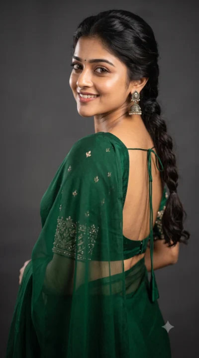 Cinematic Emerald Green Saree Portrait Prompt