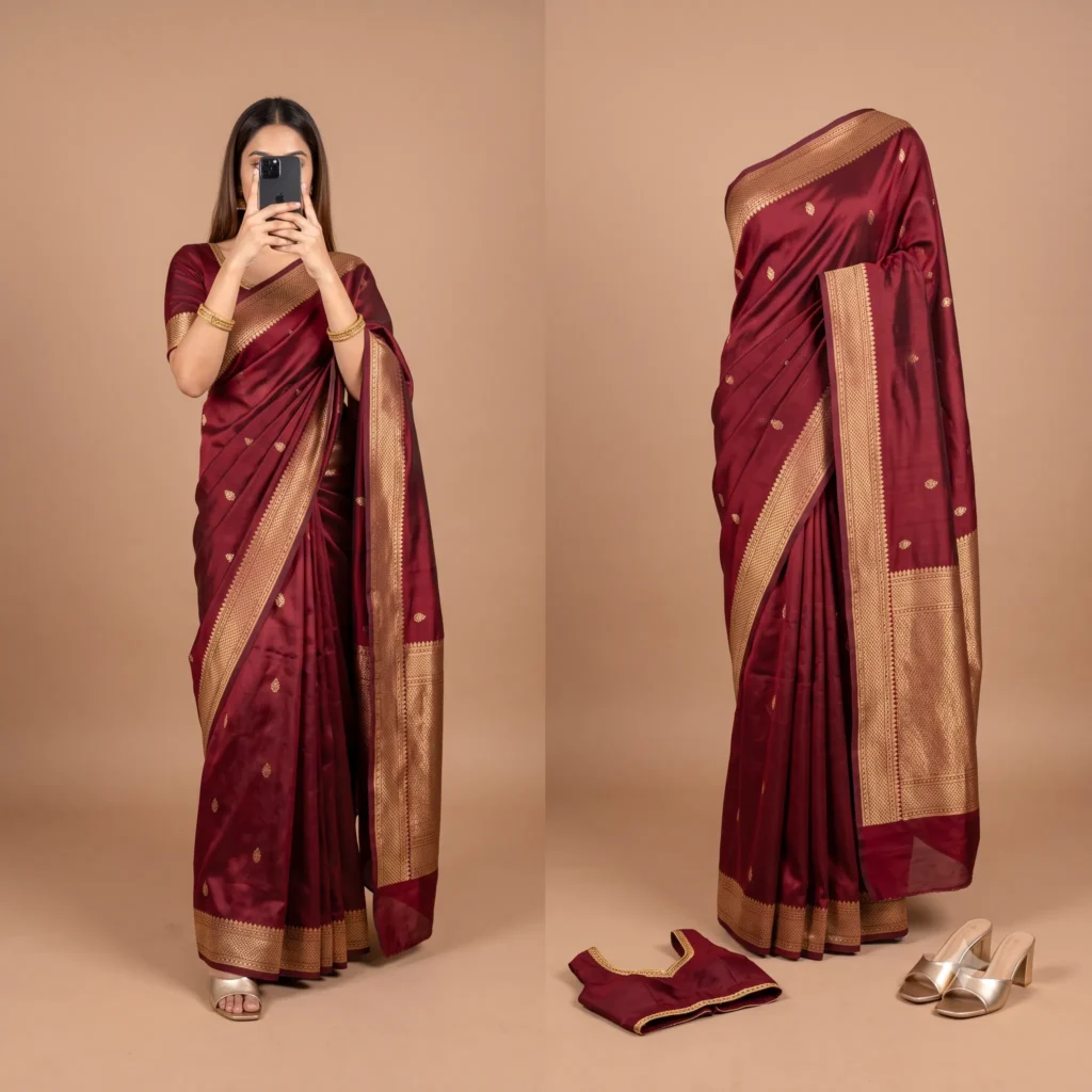 Minimal Maroon Saree Ad Prompt Split Screen