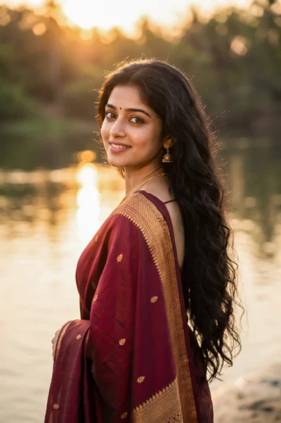 Maroon Saree Portrait Prompt at Golden Hour