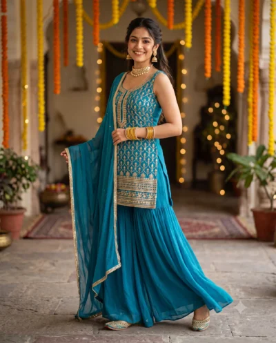 Teal Blue Chiffon Sharara Prompt: Cinematic Portrait