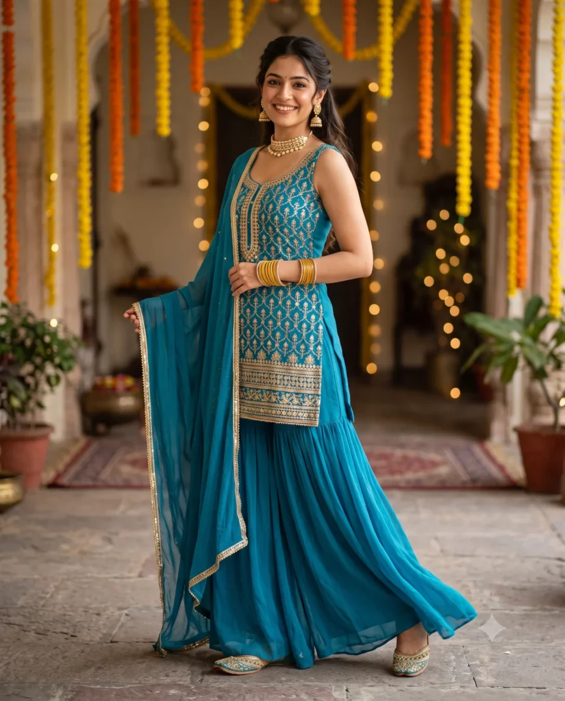 Teal Blue Chiffon Sharara Prompt: Cinematic Portrait
