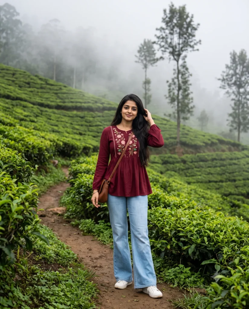 Misty Tea Garden Portrait: Modern Dress AI Prompt