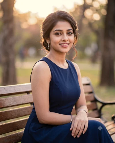 AI-generated image: Woman Prompt: Navy Blue Dress Golden Hour