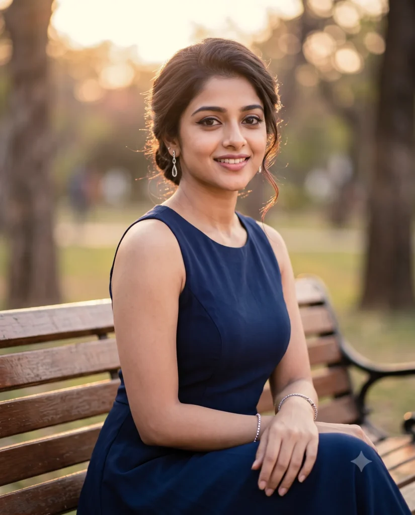 Woman Prompt: Navy Blue Dress Golden Hour