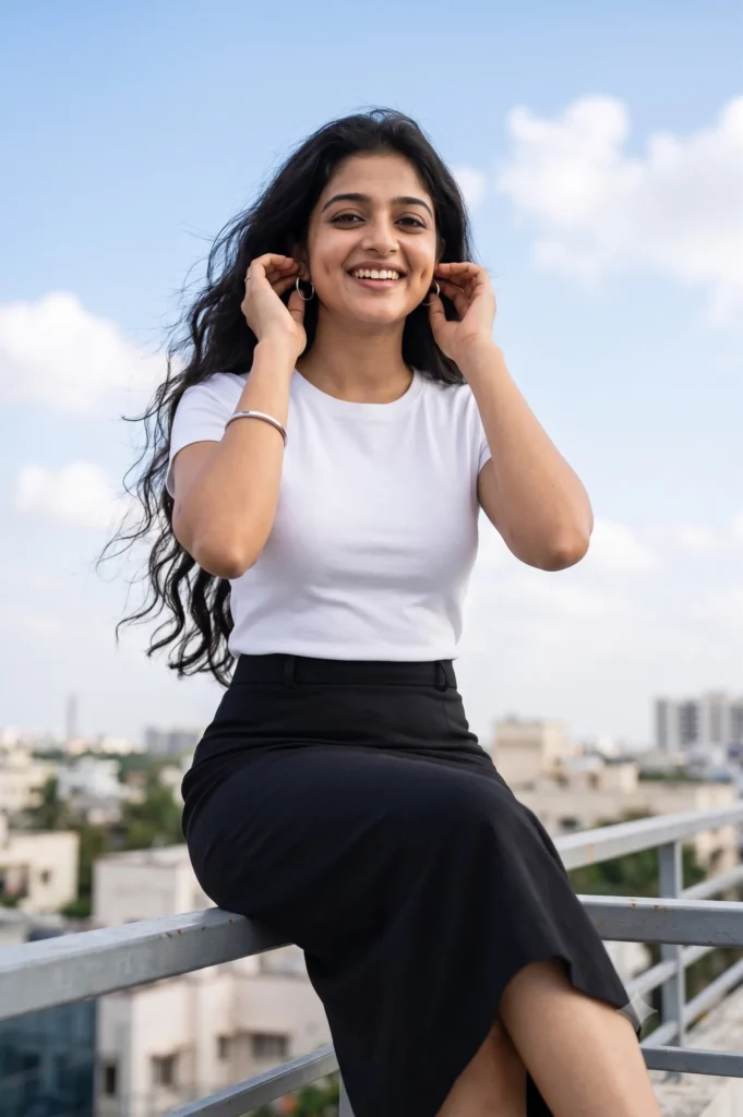 Low Angle Woman Portrait Prompt: Rooftop Sunshine