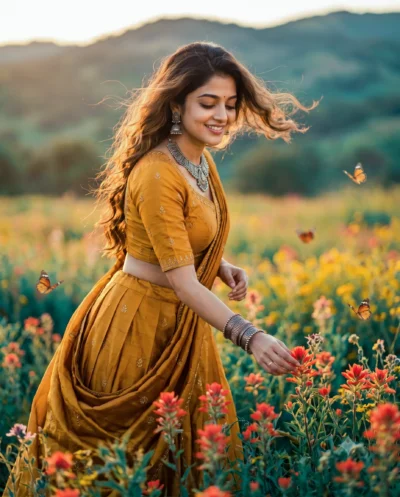 Cinematic Yellow Lehenga Prompt for Woman in Meadow