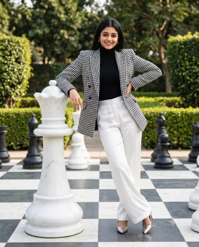 South Asian Woman High Fashion Chess Portrait Prompt