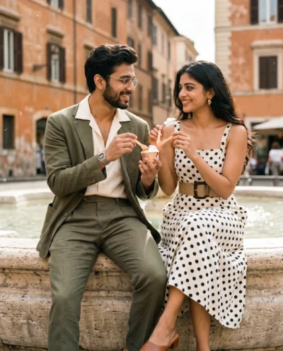 Vintage Couple Photo Prompt in Sunlit Roman Piazza
