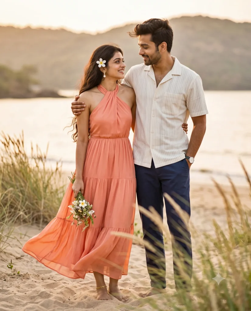 Couple Beach Portrait Prompt in Golden Hour Sunlight