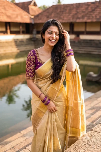 Kasavu Saree AI Prompt for Temple Pond Portraits