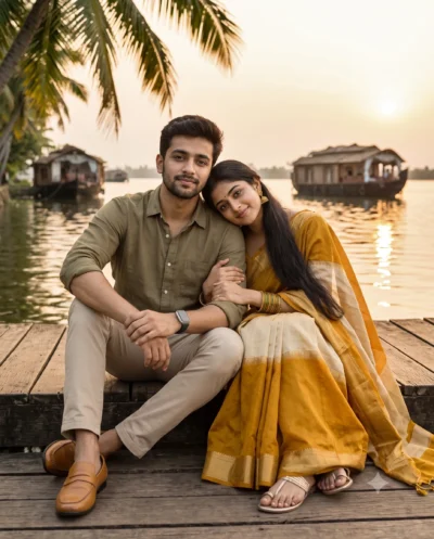 Kerala Couple Portrait Prompt on Lake Jetty