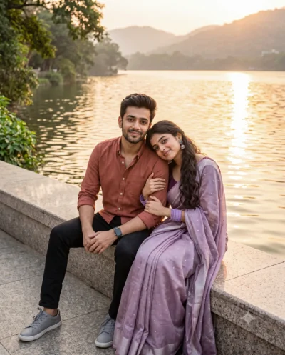 Golden Hour Couple Portrait Prompt by a Serene Lake