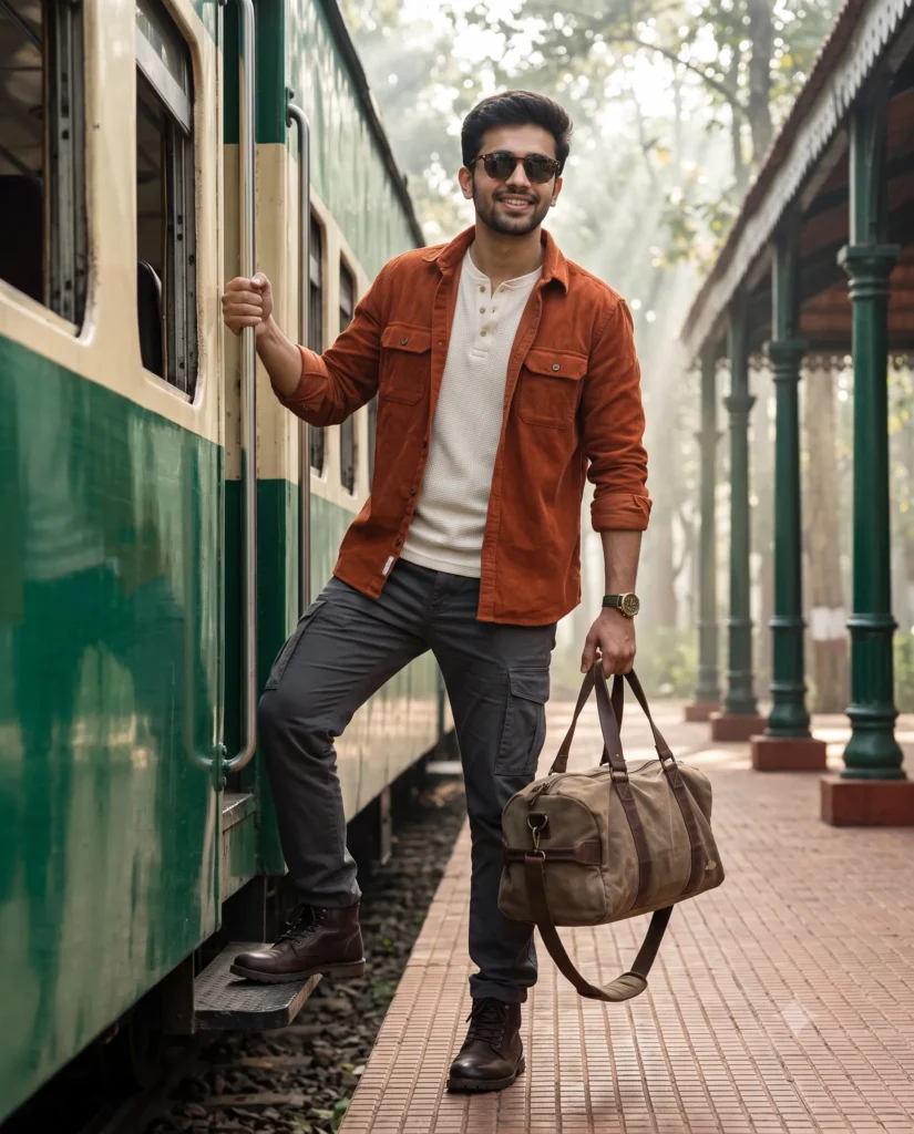 Adventurous Man at a Forest Station Train Travel Prompt