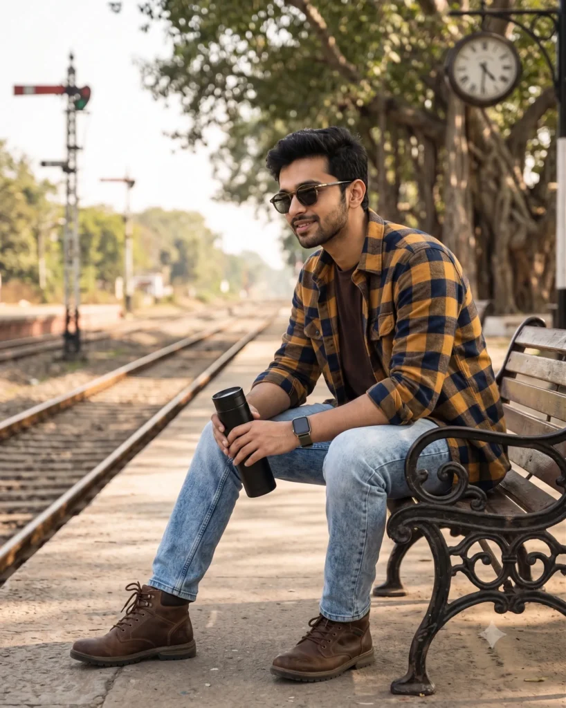 Man on Rural Bench: Railway Station Portrait Prompt