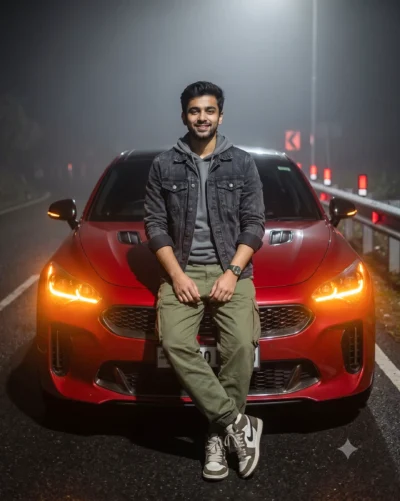 Night Portrait Prompt with Sports Sedan on Mountain Road