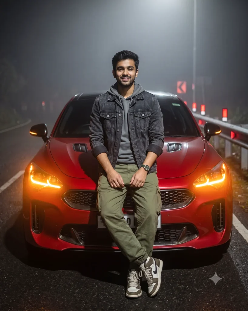 Night Portrait Prompt with Sports Sedan on Mountain Road
