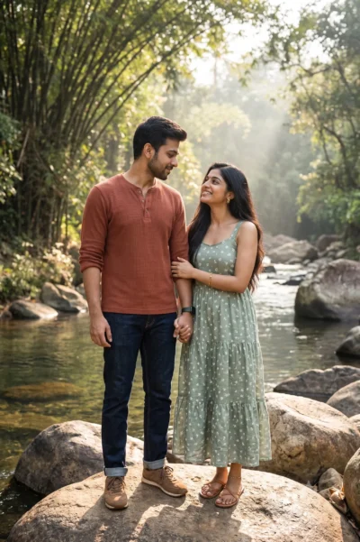 Riverside Couple Portrait Prompt in a Sunlit Forest