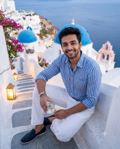 Santorini Portrait Prompt on Oia Steps at Twilight