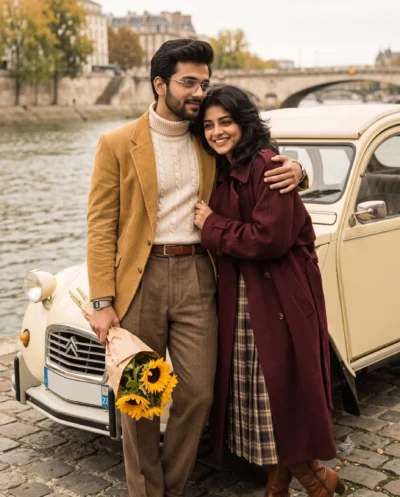Vintage Couple AI Prompt on Paris Riverbank