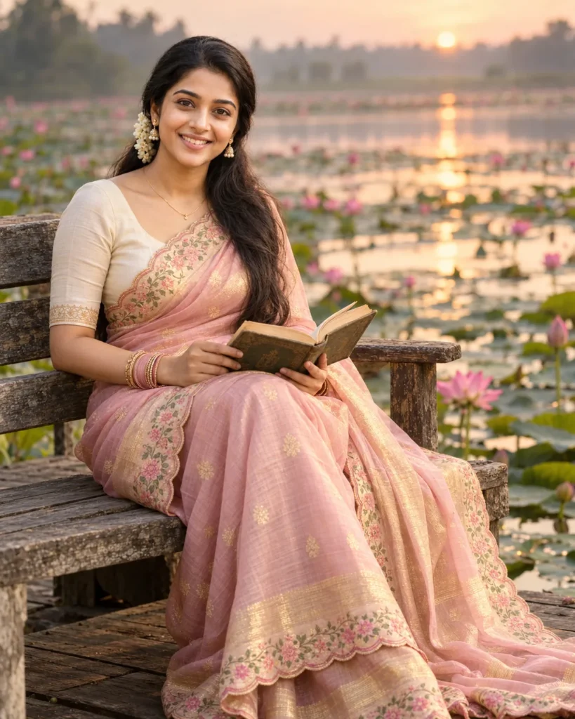 Woman in Pink Saree AI Prompt by Lotus Pond