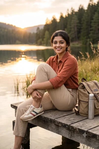 Woman on Lake Dock: Candid Lifestyle Photo Prompt